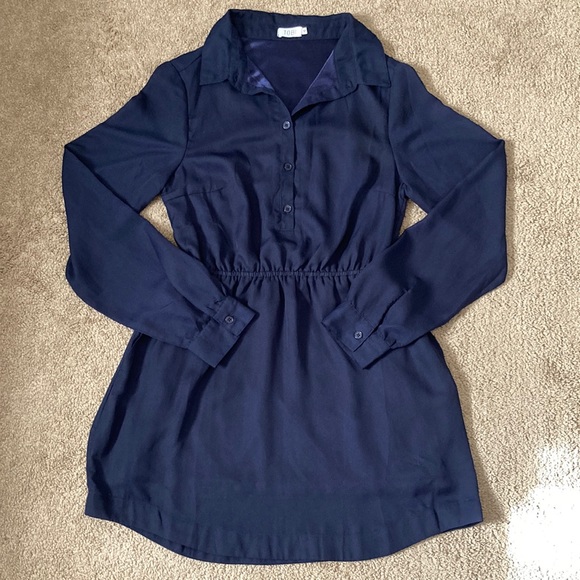 TOBI plain navy blue button up long sleeve dress with cinched waist, medium - Picture 1 of 15